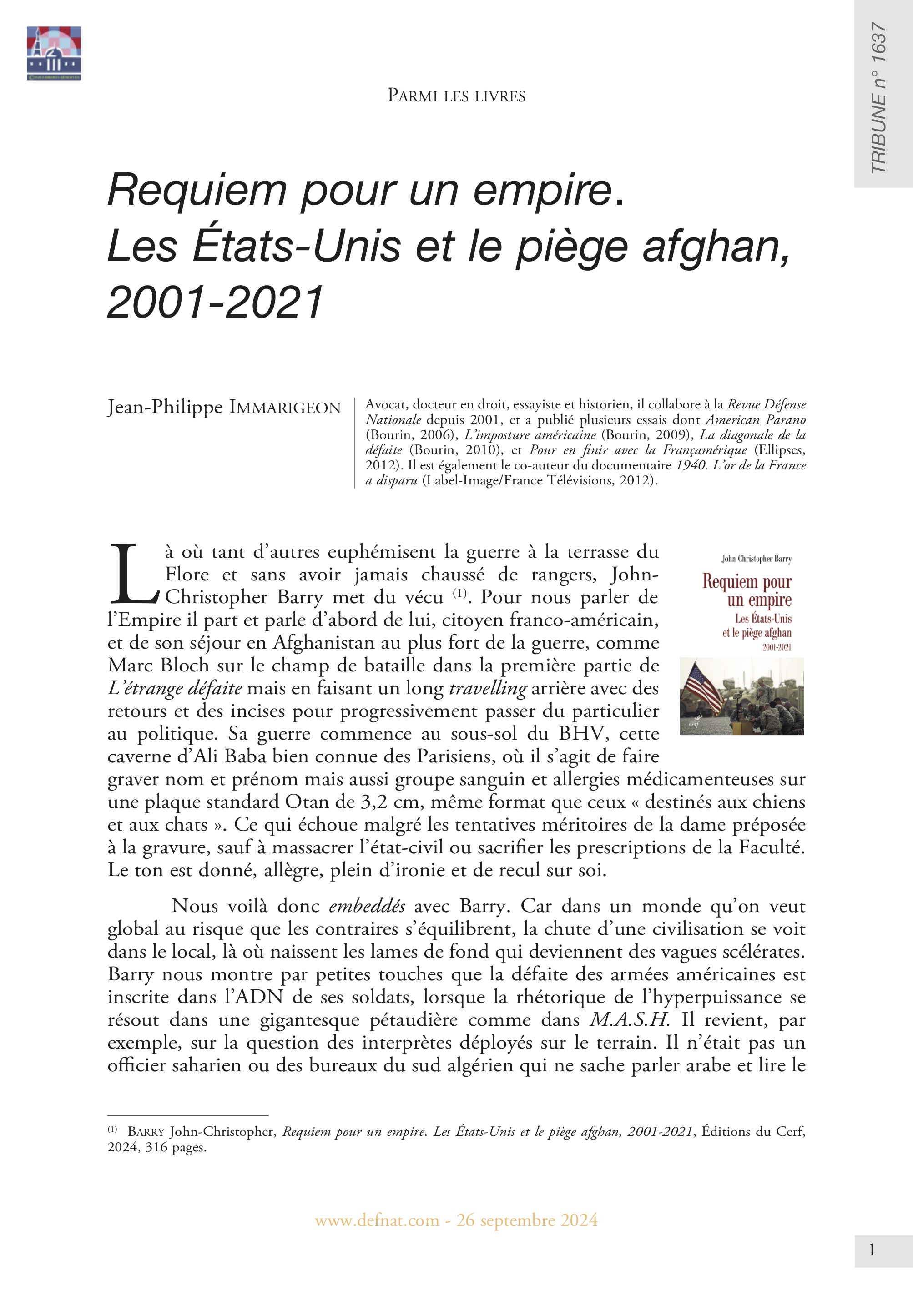 Parmi les livres – Requiem pour un empire. Les États-Unis et le piège afghan, 2001-2021 (T 1637)
